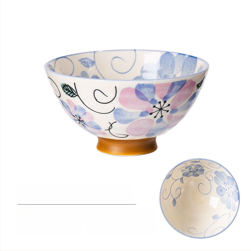 Vas de orez din porțelan Mino Yaki, model cu flori, stil japonez, rotund, compatibil cu microunde