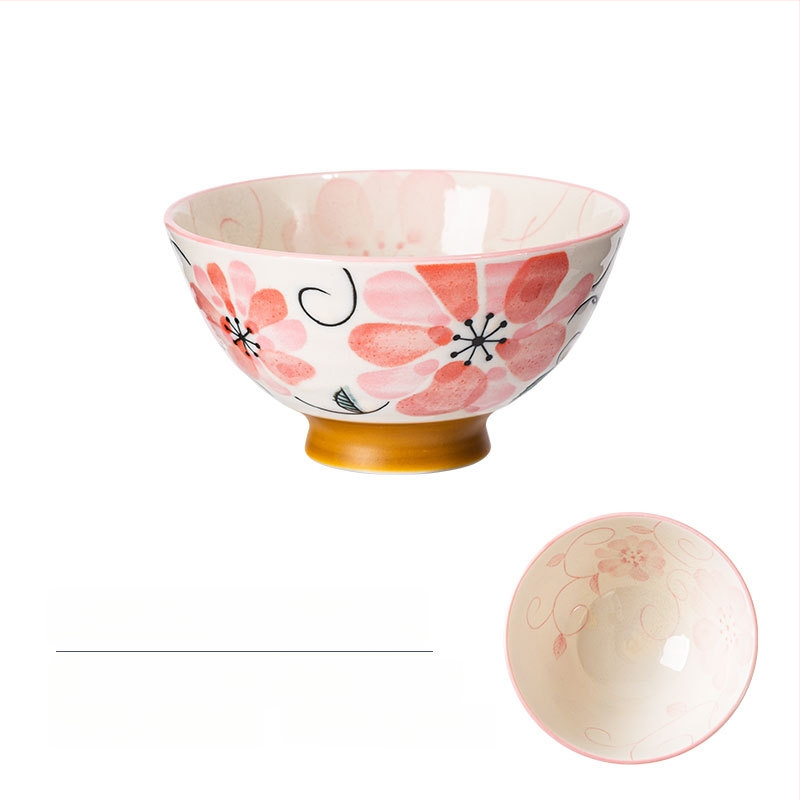 Vas de orez din porțelan Mino Yaki, model cu flori, stil japonez, rotund, compatibil cu microunde