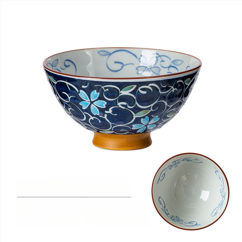 Vas de orez din porțelan Mino Yaki, model cu flori, stil japonez, rotund, compatibil cu microunde