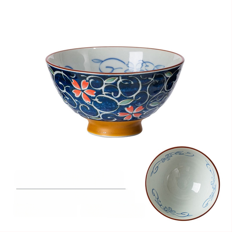 Vas de orez din porțelan Mino Yaki, model cu flori, stil japonez, rotund, compatibil cu microunde