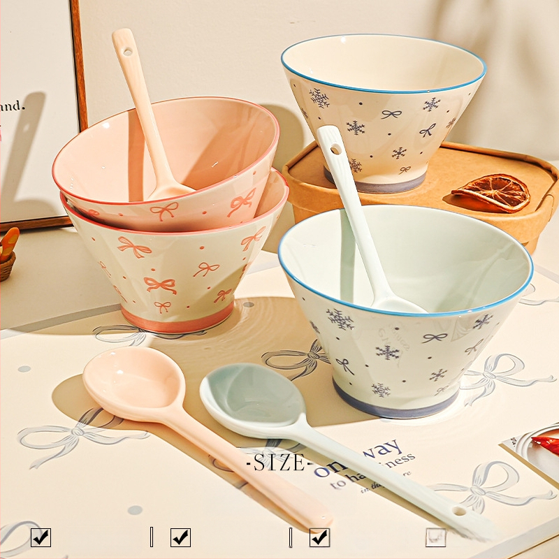 Bol ceramic pentru orez cu model desen animat, stil drăguț, formă rotundă, sub glazură, potrivit pentru microunde