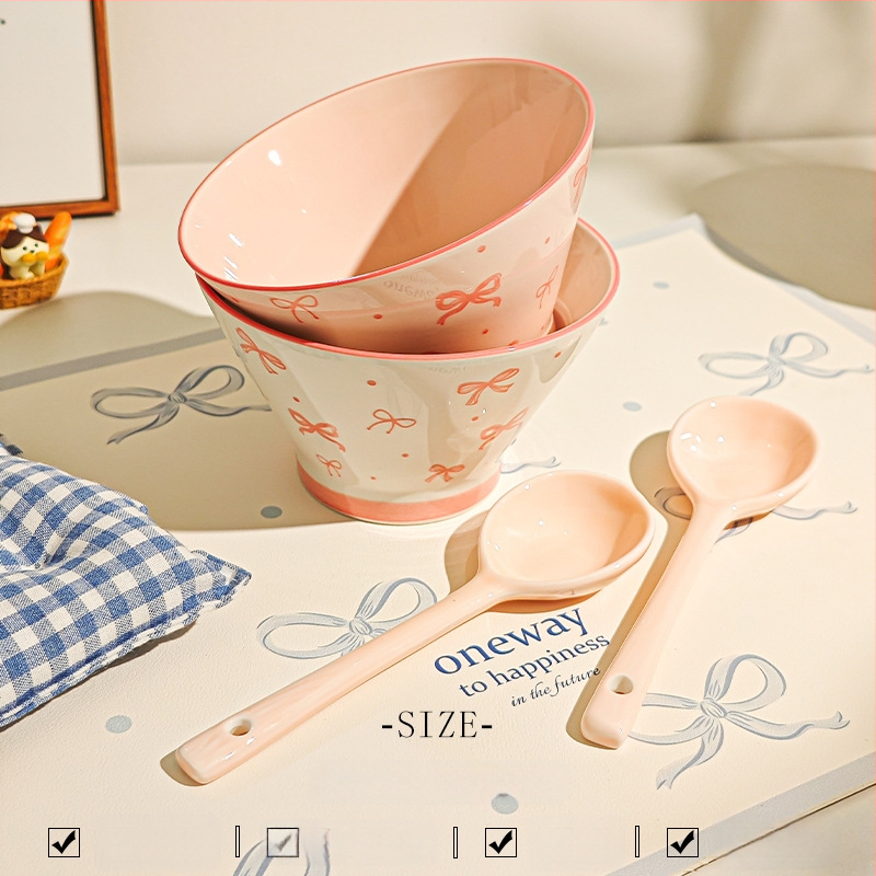 Bol ceramic pentru orez cu model desen animat, stil drăguț, formă rotundă, sub glazură, potrivit pentru microunde