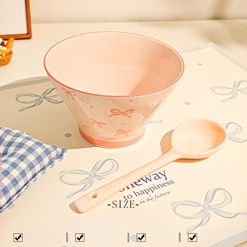 Bol ceramic pentru orez cu model desen animat, stil drăguț, formă rotundă, sub glazură, potrivit pentru microunde