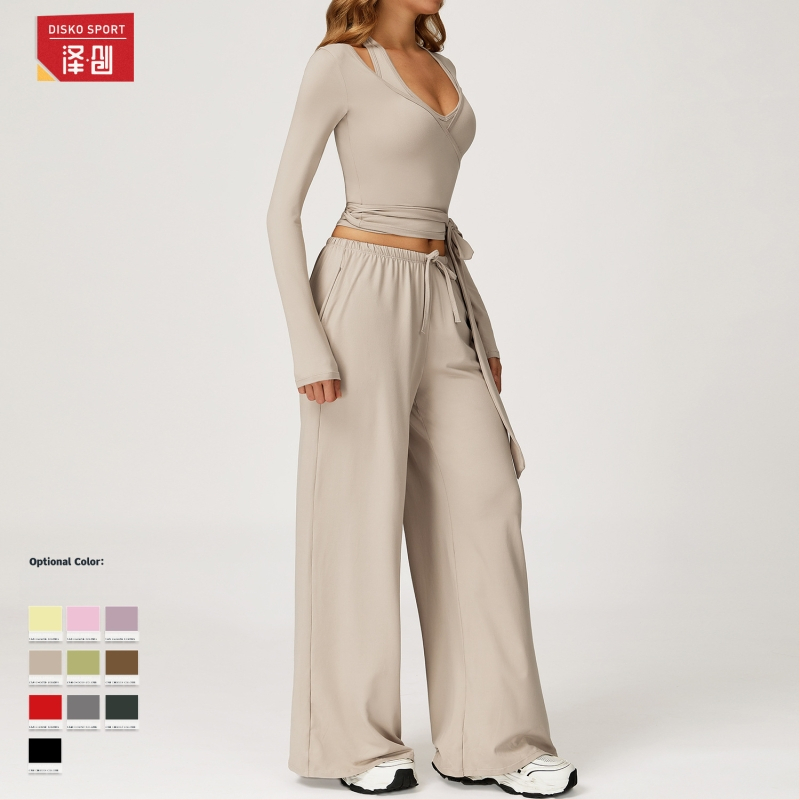 Йога комплект за жени без ръкави с широки панталони, пуловер стил; 90% полиестер, 10% спандекс; южнокорейска коприна с текстура на четкане