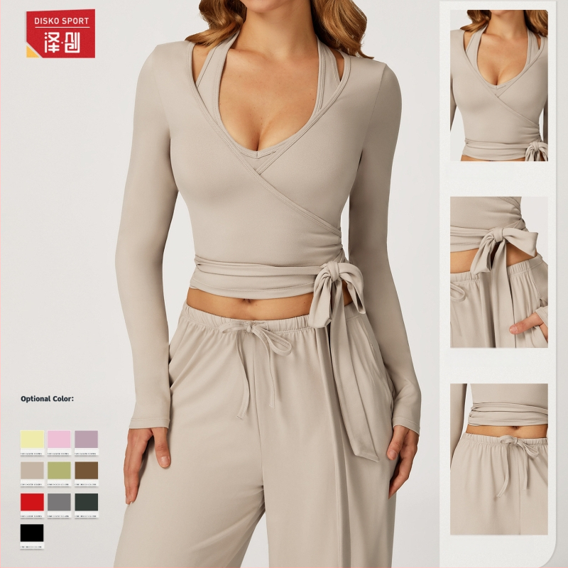 Йога комплект за жени без ръкави с широки панталони, пуловер стил; 90% полиестер, 10% спандекс; южнокорейска коприна с текстура на четкане