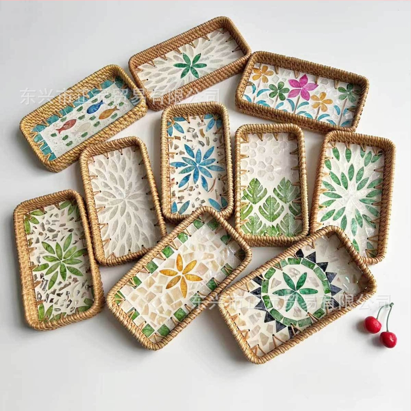 Vietnámi rattan héj gyümölcstál, kis téglalap alakú tál, egyszerű stílus, könnyed retro luxus