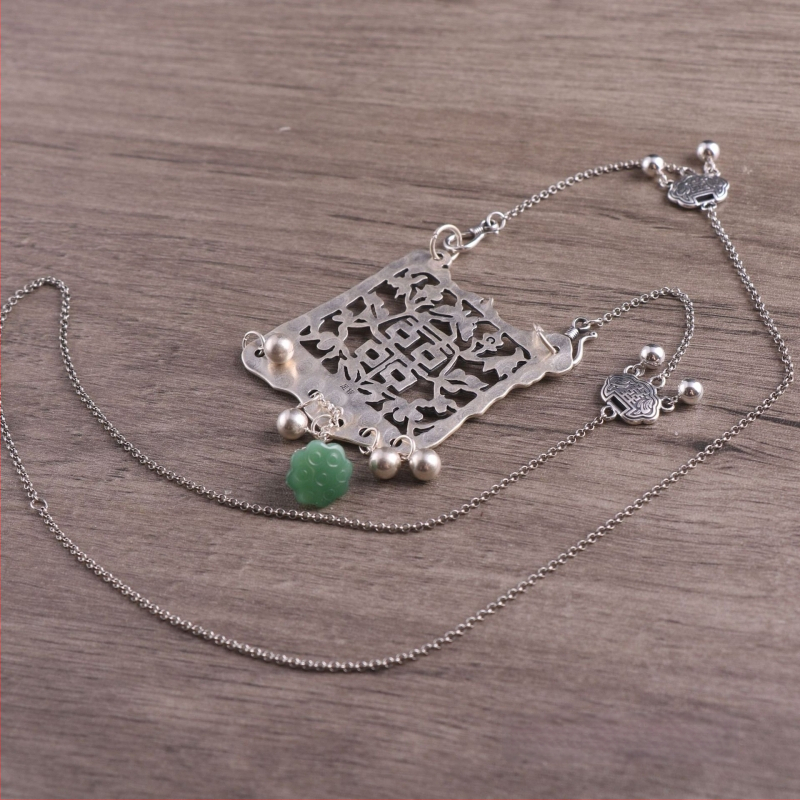S925 Sterling Silver žensko ogrlica, vintage lanac s perlama, dvostruka sreća i dvostruko kopčanje