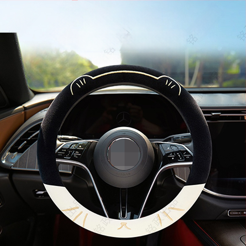 Husă de volan pentru mașină, broderie cu pisică, pentru toate sezoanele, pluș sintetic, cusută la mașină, potrivire universală