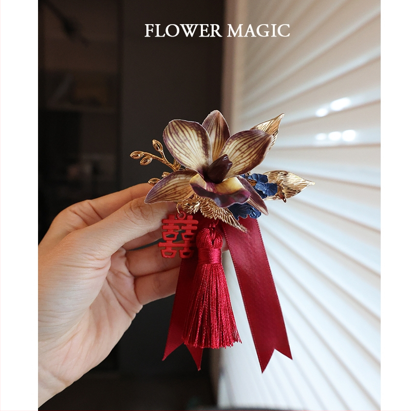 Kézzel készített Phalaenopsis koszorú – klasszikus kínai stílus, dupla boldogság motívummal az esküvőre