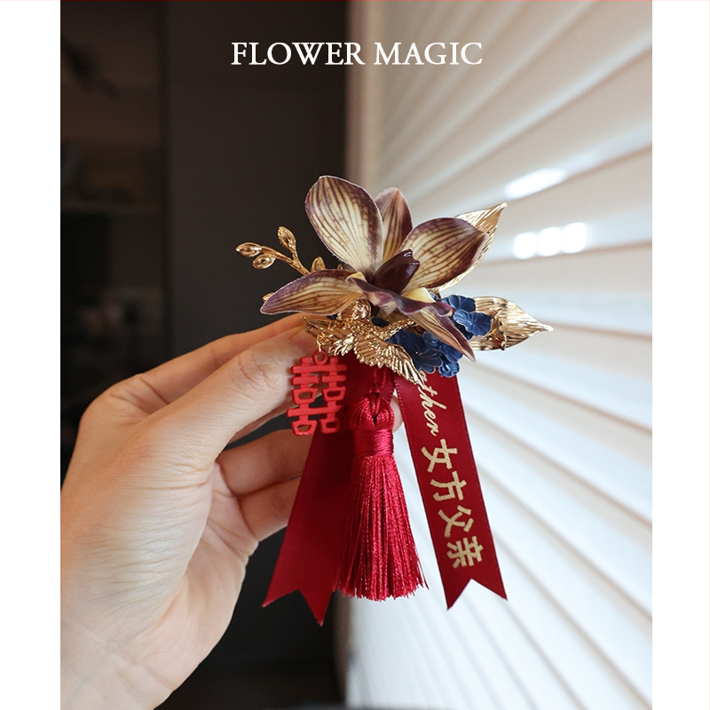 Kézzel készített Phalaenopsis koszorú – klasszikus kínai stílus, dupla boldogság motívummal az esküvőre