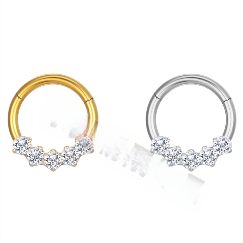 Inel nazal din oțel inoxidabil, cristale de zirconiu, formă geometrică, deschidere fără cusur, placare electrolitică