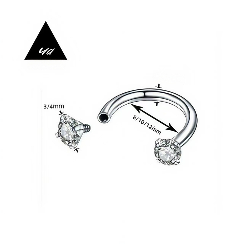 Inel de nas din aliaj de titan cu zircon rotund încrustat, formă C de potcoavă, unisex, placare electrolitică