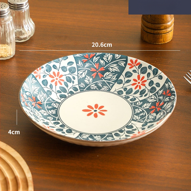 Farfurie de porțelan cu model plante și flori, suprafață cu subglazură color, stil retro ușor lux, compatibil cu microunde