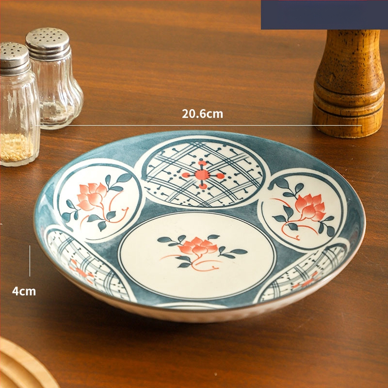 Farfurie de porțelan cu model plante și flori, suprafață cu subglazură color, stil retro ușor lux, compatibil cu microunde