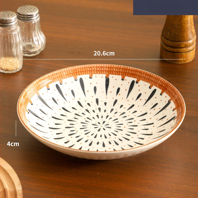 Farfurie de porțelan cu model plante și flori, suprafață cu subglazură color, stil retro ușor lux, compatibil cu microunde