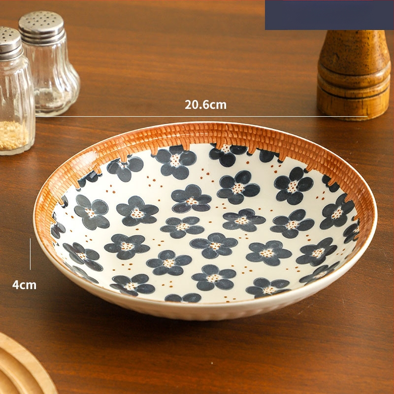 Farfurie de porțelan cu model plante și flori, suprafață cu subglazură color, stil retro ușor lux, compatibil cu microunde