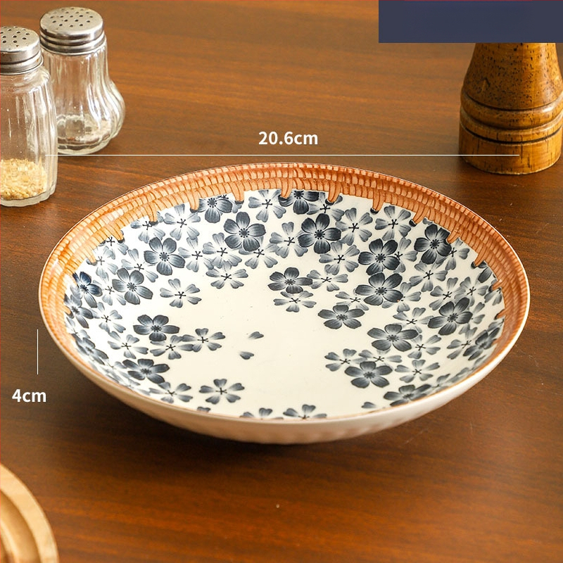 Farfurie de porțelan cu model plante și flori, suprafață cu subglazură color, stil retro ușor lux, compatibil cu microunde