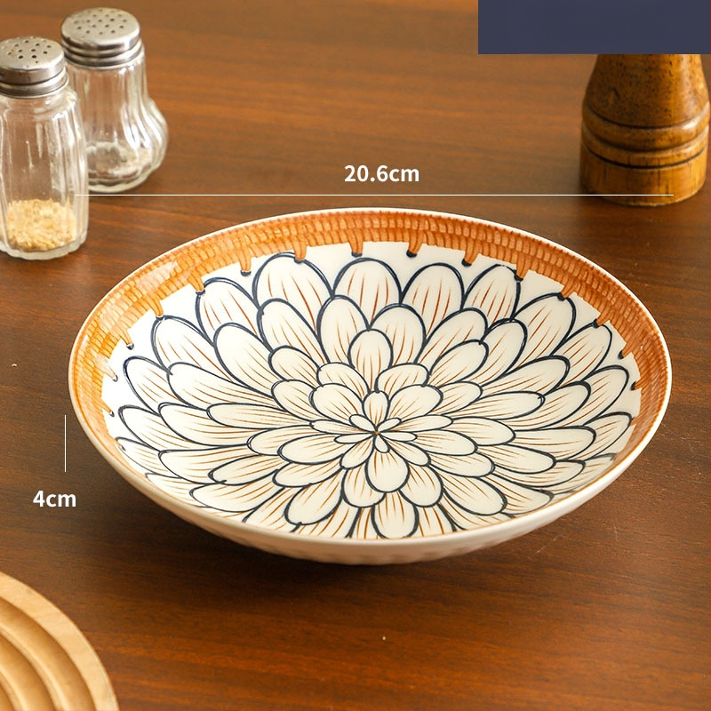 Farfurie de porțelan cu model plante și flori, suprafață cu subglazură color, stil retro ușor lux, compatibil cu microunde