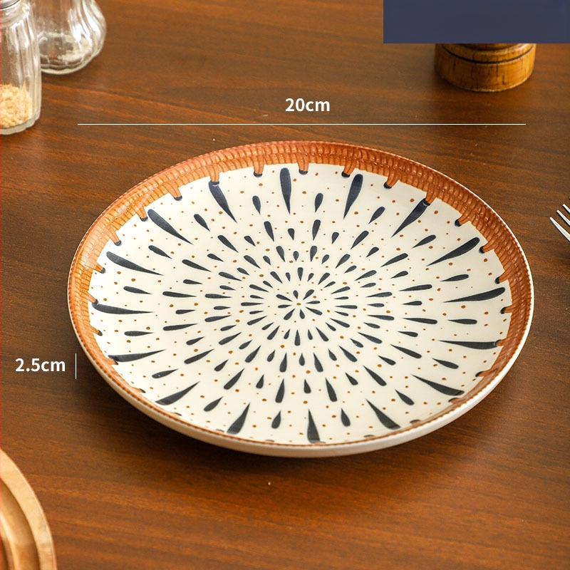 Farfurie de porțelan cu model plante și flori, suprafață cu subglazură color, stil retro ușor lux, compatibil cu microunde