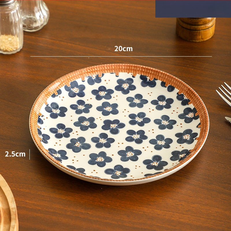 Farfurie de porțelan cu model plante și flori, suprafață cu subglazură color, stil retro ușor lux, compatibil cu microunde