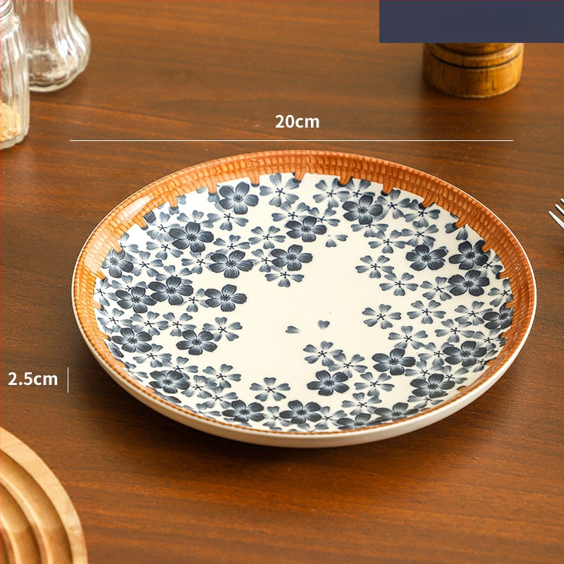 Farfurie de porțelan cu model plante și flori, suprafață cu subglazură color, stil retro ușor lux, compatibil cu microunde