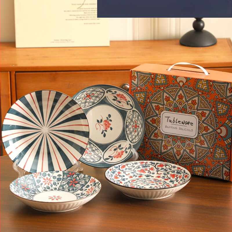 Farfurie de porțelan cu model plante și flori, suprafață cu subglazură color, stil retro ușor lux, compatibil cu microunde