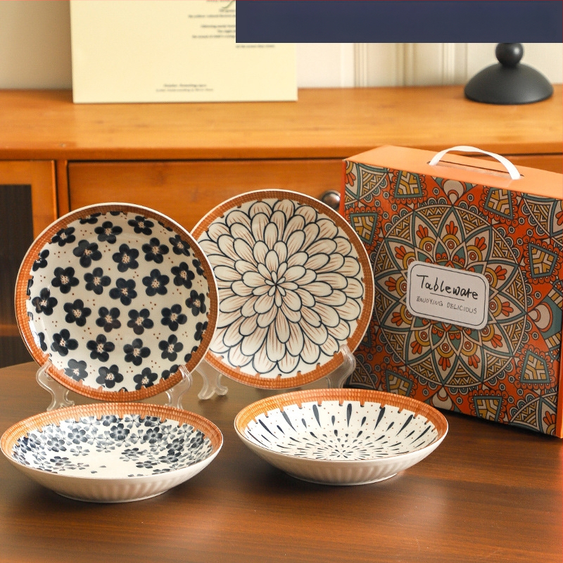 Farfurie de porțelan cu model plante și flori, suprafață cu subglazură color, stil retro ușor lux, compatibil cu microunde