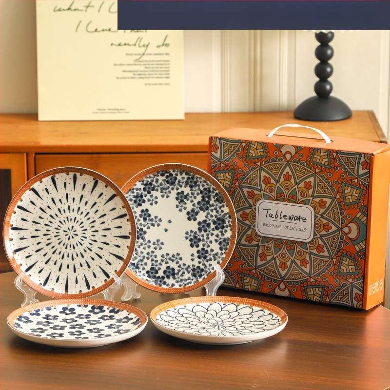 Farfurie de porțelan cu model plante și flori, suprafață cu subglazură color, stil retro ușor lux, compatibil cu microunde