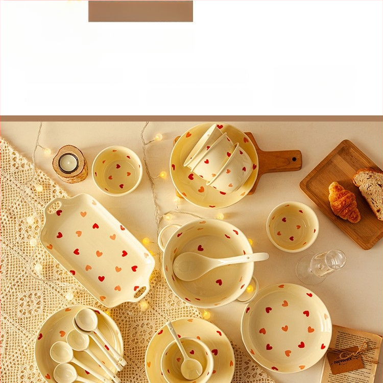 Set de boluri din porțelan cu model Love, culoare sub glazură, formă neregulată, compatibil cu microunde, stil modern minimalist