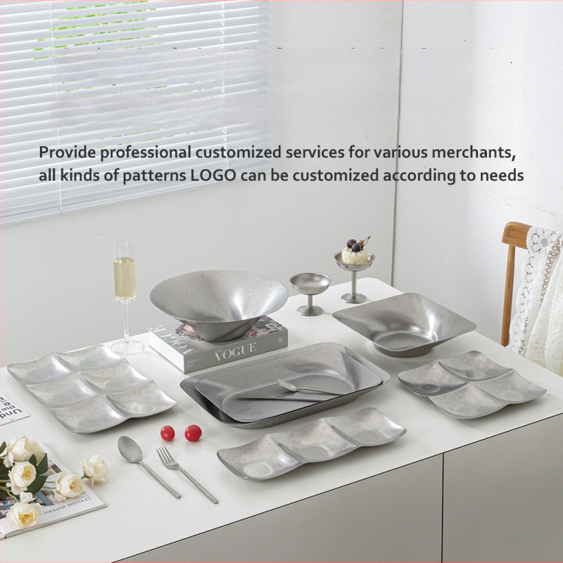 Tavă decorativă din oțel inoxidabil, stil retro, formă asimetrică rotund-pătrată cu adâncime pentru fructe și gustări