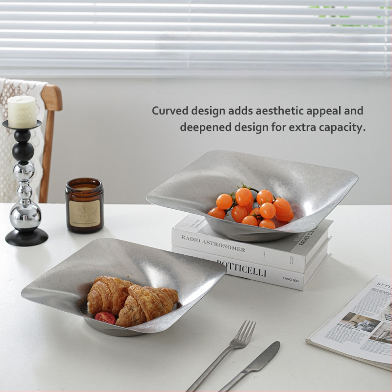 Tavă decorativă din oțel inoxidabil, stil retro, formă asimetrică rotund-pătrată cu adâncime pentru fructe și gustări