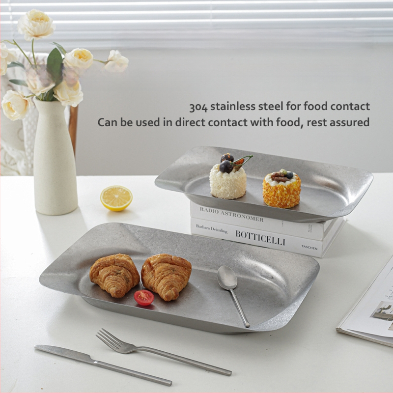 Tavă decorativă din oțel inoxidabil, stil retro, formă asimetrică rotund-pătrată cu adâncime pentru fructe și gustări