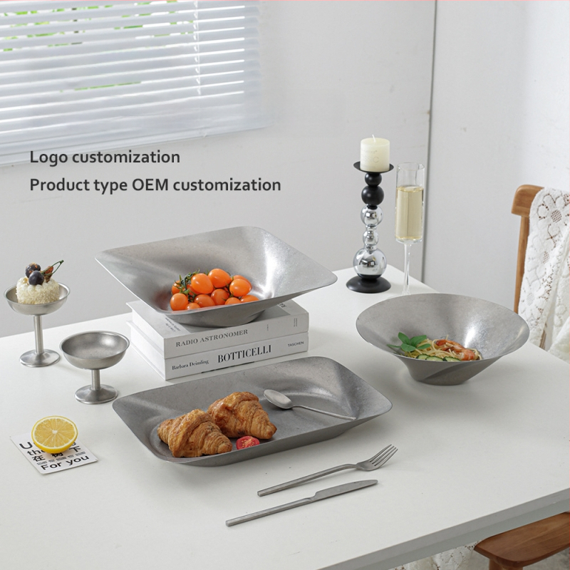 Tavă decorativă din oțel inoxidabil, stil retro, formă asimetrică rotund-pătrată cu adâncime pentru fructe și gustări