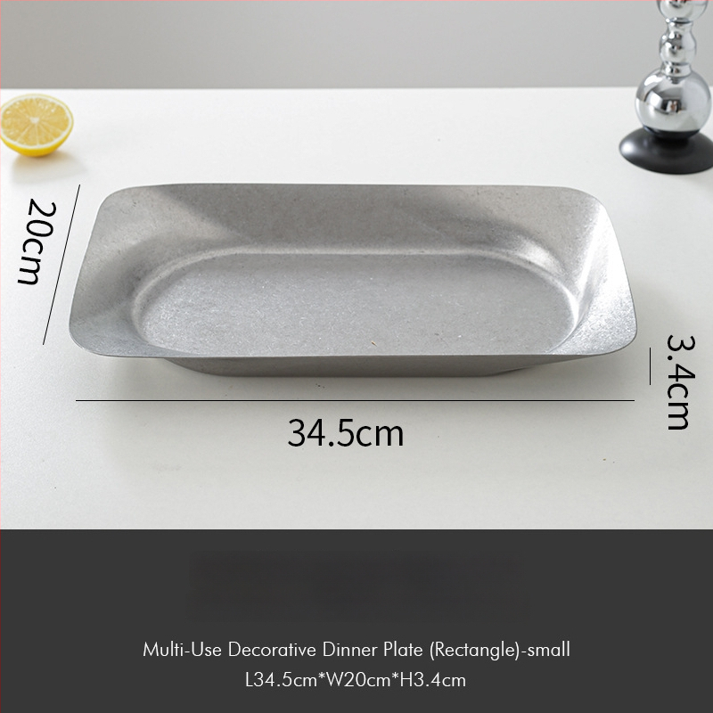 Tavă decorativă din oțel inoxidabil, stil retro, formă asimetrică rotund-pătrată cu adâncime pentru fructe și gustări