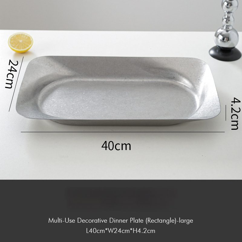 Tavă decorativă din oțel inoxidabil, stil retro, formă asimetrică rotund-pătrată cu adâncime pentru fructe și gustări