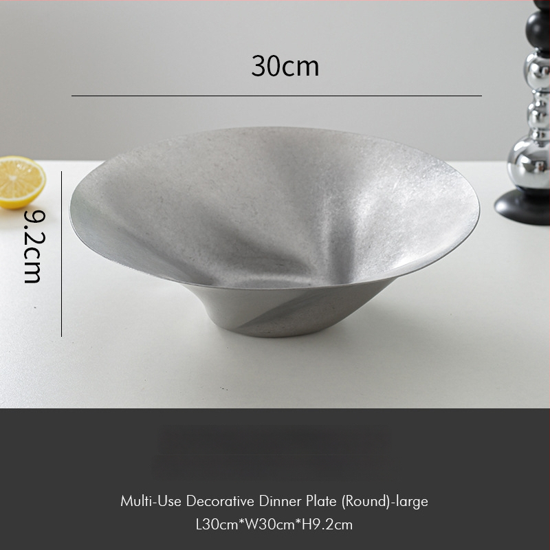 Tavă decorativă din oțel inoxidabil, stil retro, formă asimetrică rotund-pătrată cu adâncime pentru fructe și gustări