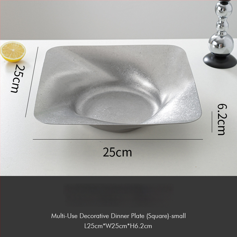 Tavă decorativă din oțel inoxidabil, stil retro, formă asimetrică rotund-pătrată cu adâncime pentru fructe și gustări