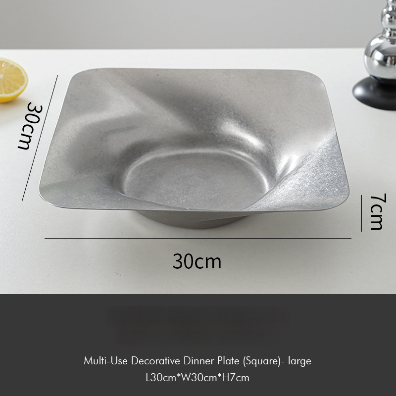 Tavă decorativă din oțel inoxidabil, stil retro, formă asimetrică rotund-pătrată cu adâncime pentru fructe și gustări