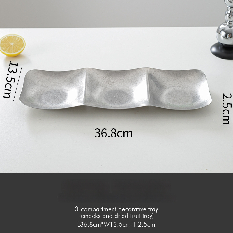 Tavă decorativă din oțel inoxidabil, stil retro, formă asimetrică rotund-pătrată cu adâncime pentru fructe și gustări
