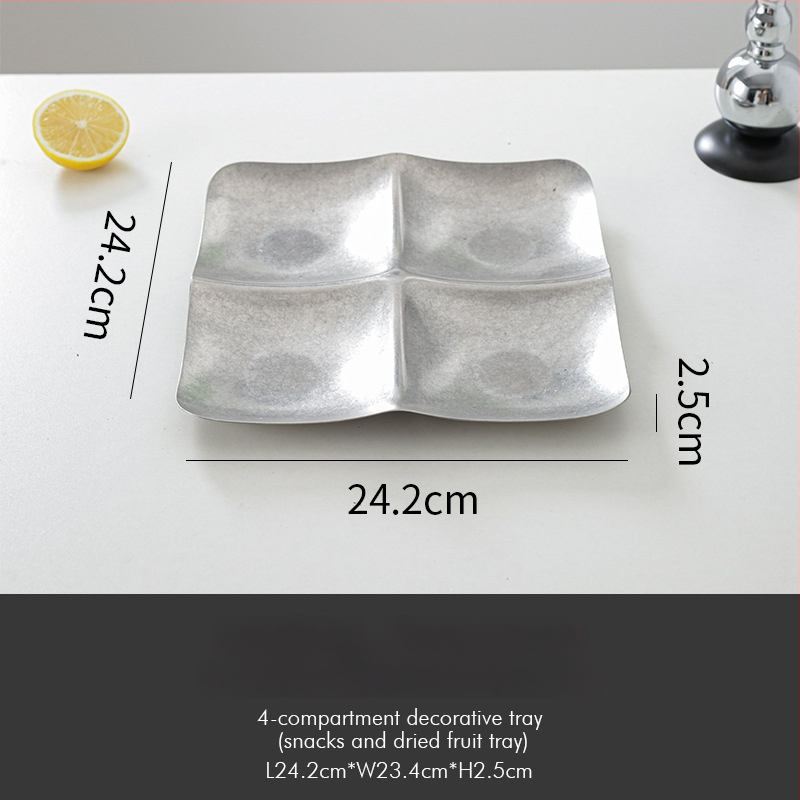 Tavă decorativă din oțel inoxidabil, stil retro, formă asimetrică rotund-pătrată cu adâncime pentru fructe și gustări