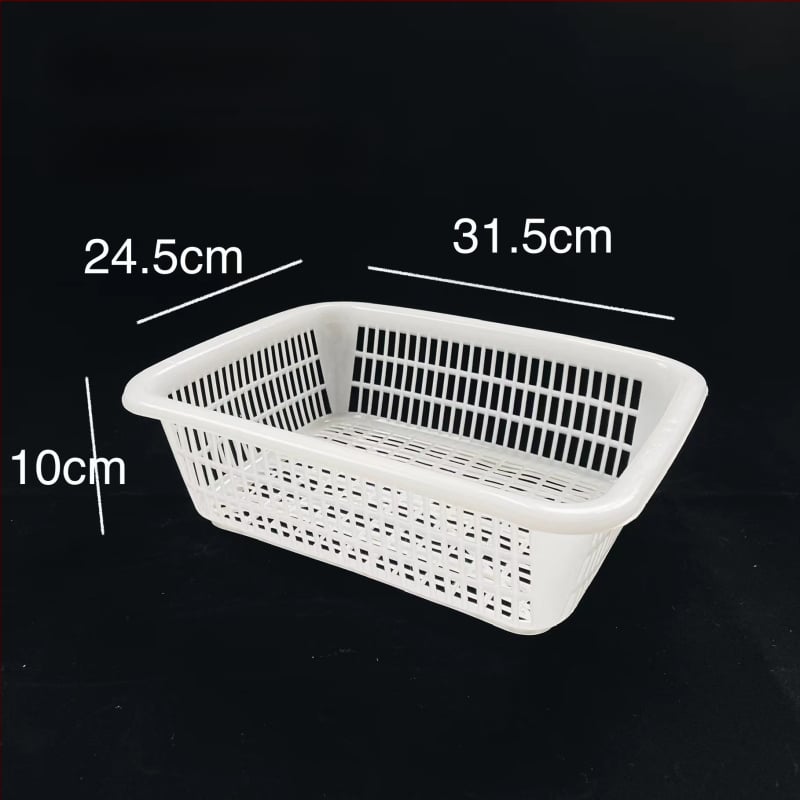 Műanyag tárolókosár négyzetes szitával és lefolyó funkcióval, modell 0361, PE anyag