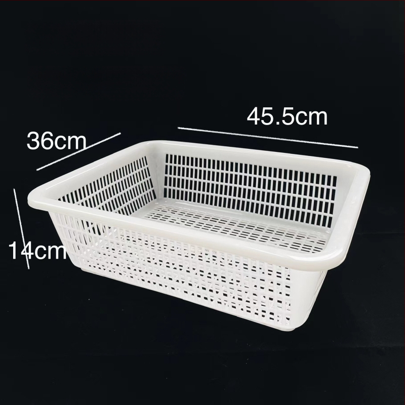 Műanyag tárolókosár négyzetes szitával és lefolyó funkcióval, modell 0361, PE anyag