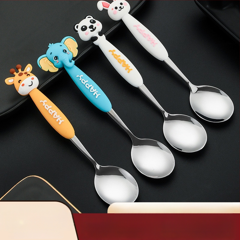 Set tacâmuri pentru copii din oțel inoxidabil 304, cu animale în desene animate – furculițe și lingurițe, portabil pentru exterior