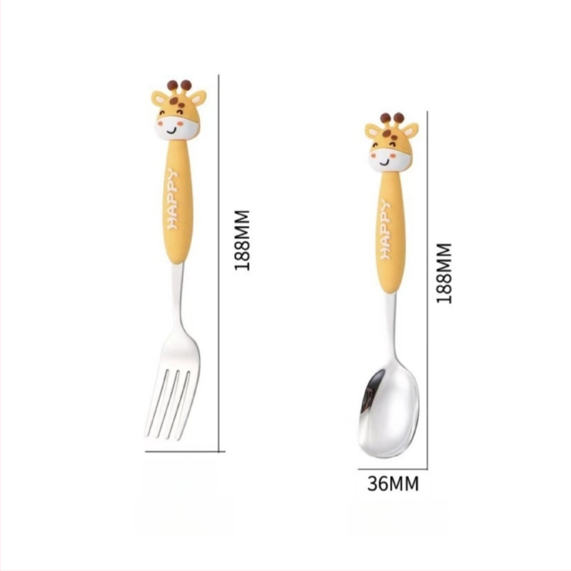 Set tacâmuri pentru copii din oțel inoxidabil 304, cu animale în desene animate – furculițe și lingurițe, portabil pentru exterior