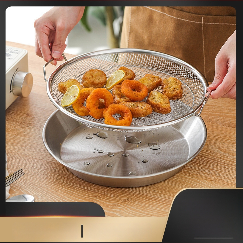 Δίσκος αποστράγγισης λαδιού για οικιακή κουζίνα, 304 ανοξείδωτο, στρογγυλός, με διπλά αυτιά και πλέγμα κόσκινου, κατάλληλος για μικροκύματα