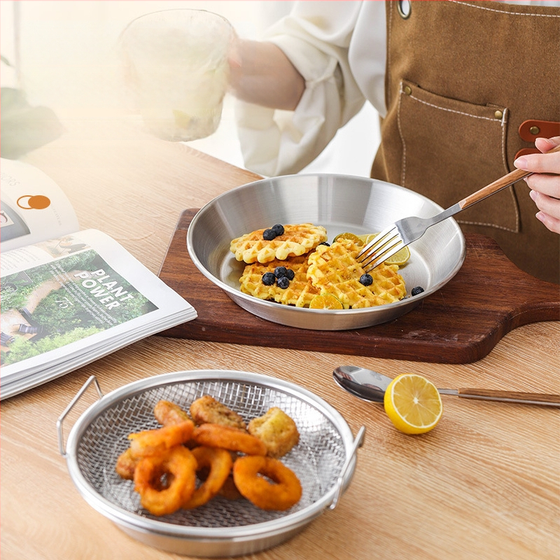 Δίσκος αποστράγγισης λαδιού για οικιακή κουζίνα, 304 ανοξείδωτο, στρογγυλός, με διπλά αυτιά και πλέγμα κόσκινου, κατάλληλος για μικροκύματα