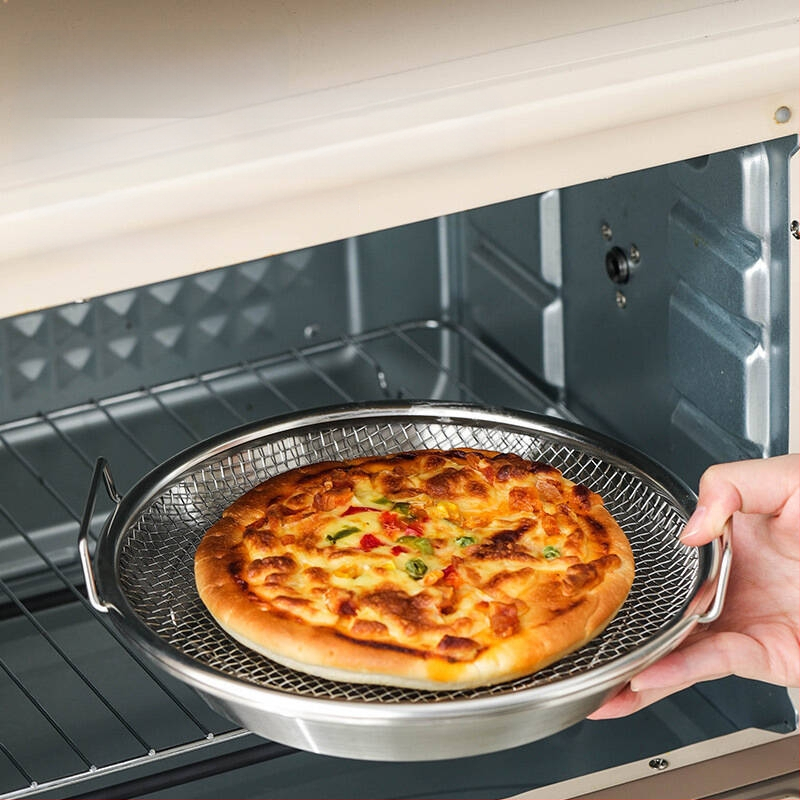 Δίσκος αποστράγγισης λαδιού για οικιακή κουζίνα, 304 ανοξείδωτο, στρογγυλός, με διπλά αυτιά και πλέγμα κόσκινου, κατάλληλος για μικροκύματα