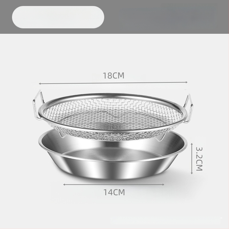 Δίσκος αποστράγγισης λαδιού για οικιακή κουζίνα, 304 ανοξείδωτο, στρογγυλός, με διπλά αυτιά και πλέγμα κόσκινου, κατάλληλος για μικροκύματα