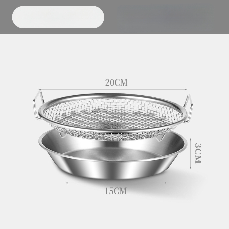 Δίσκος αποστράγγισης λαδιού για οικιακή κουζίνα, 304 ανοξείδωτο, στρογγυλός, με διπλά αυτιά και πλέγμα κόσκινου, κατάλληλος για μικροκύματα