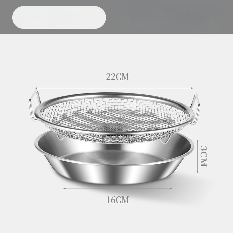 Δίσκος αποστράγγισης λαδιού για οικιακή κουζίνα, 304 ανοξείδωτο, στρογγυλός, με διπλά αυτιά και πλέγμα κόσκινου, κατάλληλος για μικροκύματα